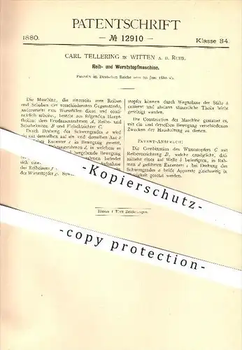 original Patent - C. Tellerring , Witten , Ruhr , 1880 , Reibemaschine , Wurststopfmaschine , Wurst , Fleisch , Haushalt