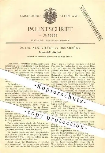 original Patent - Dr. Phil. Alw. Vietor in Osnabrück , 1888 , Fahrrad - Tretkurbel , Kurbel , Fahrräder , Fahrzeugbau !!