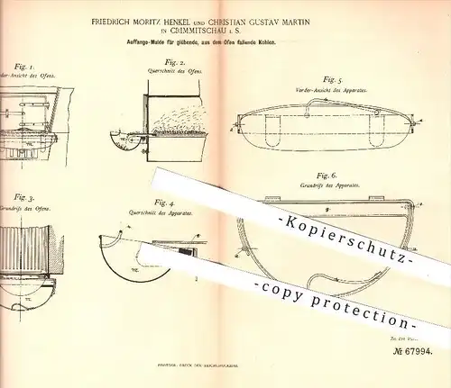 original Patent - Friedrich M. Henkel & Christian G. Martin , Crimmitschau , 1892 , Auffangen von Kohlen aus dem Ofen !!