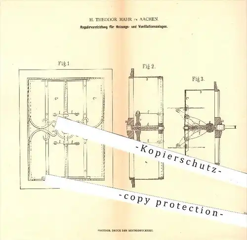 original Patent - H. T. Mahr , Aachen , 1880 , Regulierung für Heizungs- u. Ventilationsanlagen , Heizung , Ventilation