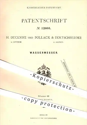 original Patent - H. Ducenne in Lüttich , Pollack & Holtschneider in Aachen , 1880 , Wassermesser , Turbine , Turbinen !