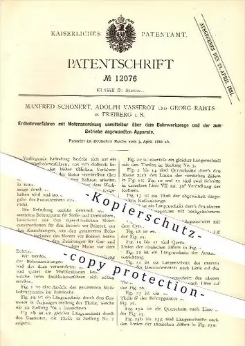 original Patent - M. Schönert , A. Vasserot , G. Rahts , Freiberg , 1880 , Erdbohrverfahren mit Motoranordnung , Bergbau