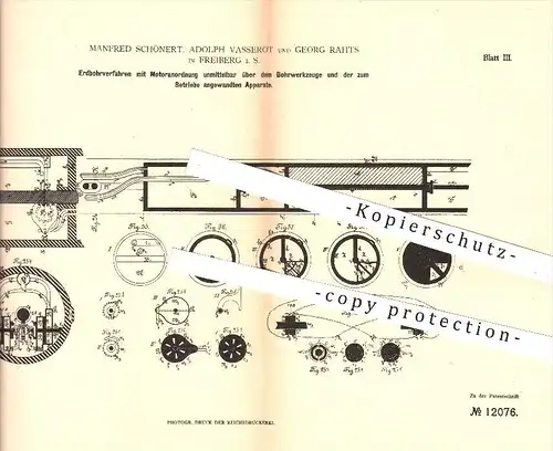 original Patent - M. Schönert , A. Vasserot , G. Rahts , Freiberg , 1880 , Erdbohrverfahren mit Motoranordnung , Bergbau