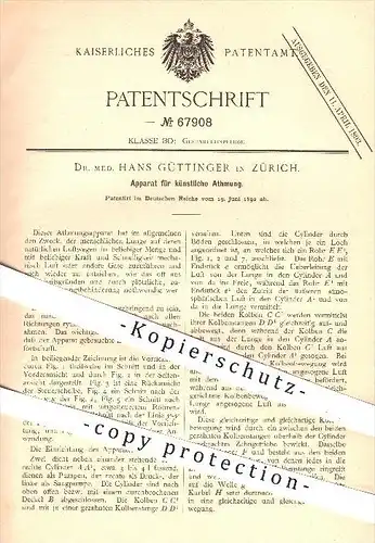 original Patent - Dr. med. H. Güttinger , Zürich , 1892 , Apparat für künstliche Atmung , Beatmung , Atmen , Medizin !!