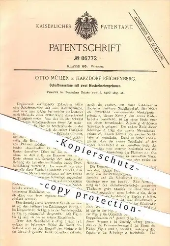 original Patent - Otto Müller in Harzdorf - Reichenberg , 1895 , Schaftmaschine mit zwei Musterkartenprismen , Weber !!