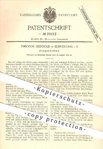 original Patent - Theodor Meinhold in Klingenthal , 1884 , Zungenzitter , Zitter , Zittern , Musikinstrumente , Musik !