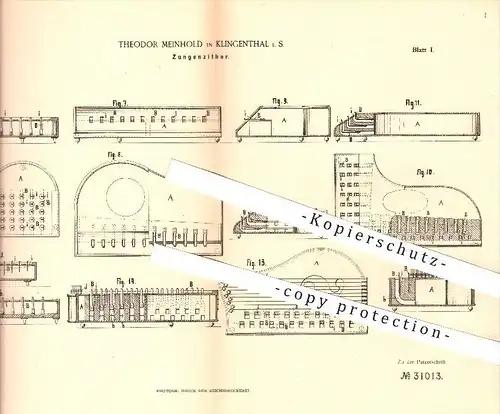 original Patent - Theodor Meinhold in Klingenthal , 1884 , Zungenzitter , Zitter , Zittern , Musikinstrumente , Musik !