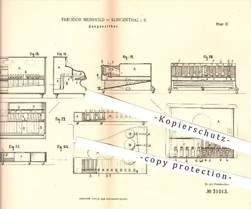 original Patent - Theodor Meinhold in Klingenthal , 1884 , Zungenzitter , Zitter , Zittern , Musikinstrumente , Musik !