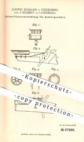 original Patent - L. Bührlen in Heidelberg & J. Schmitt in Ladenburg , 1891 , Schnellfeuerung für Kindergewehre , Sport