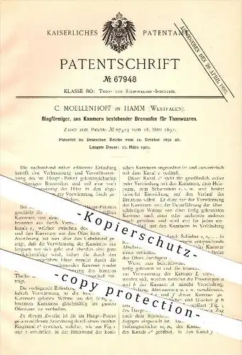 original Patent - C. Moellenhoff in Hamm , 1892 , aus Kammern bestehender Brennofen für Tonwaren , Ton , Stein , Ofen !