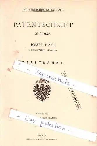 Original Patent - Joseph Hart in Handsworth , England , 1880 , Drahtkämme !!!
