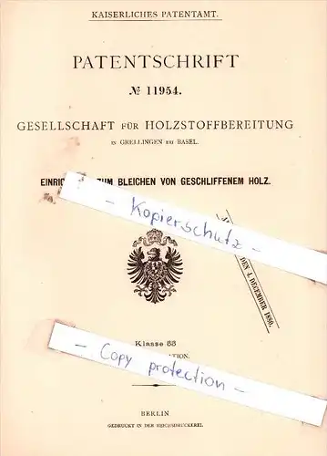 Original Patent - Gesellschaft für Holzstoffbereitung in Grellingen bei Basel , 1880 , !!!
