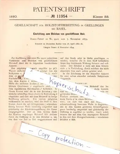 Original Patent - Gesellschaft für Holzstoffbereitung in Grellingen bei Basel , 1880 , !!!