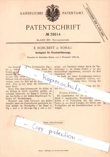 Original Patent - E. Schubert in Sorau , 1886 , Vorlegekeil für Eisenbahn  !!!