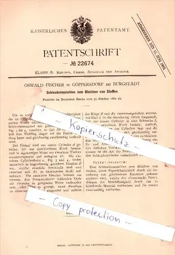 Original Patent - Oswald Fischer in Göppersdorf bei Burgstädt , 1882 , Schleudermaschine !!!