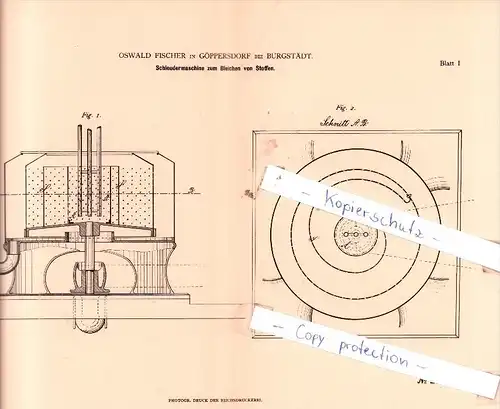 Original Patent - Oswald Fischer in Göppersdorf bei Burgstädt , 1882 , Schleudermaschine !!!