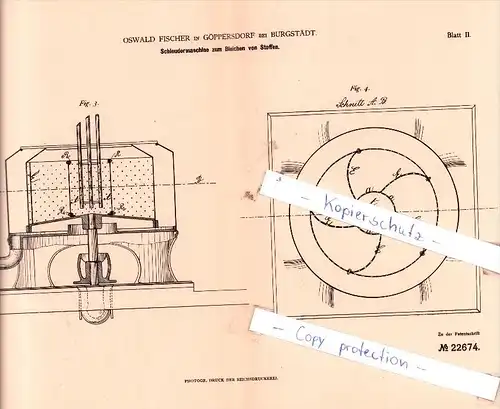 Original Patent - Oswald Fischer in Göppersdorf bei Burgstädt , 1882 , Schleudermaschine !!!