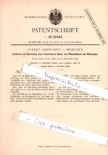 Original Patent - Albert Arnhardt in München , 1884 , Horn, Elfenbein und plastische Massen !!!