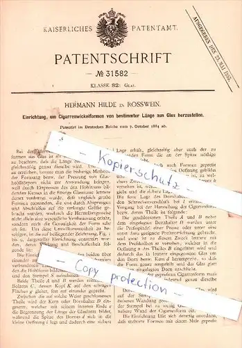 Original Patent - Hermann Hilde in Rosswein , 1884 , Glas !!!