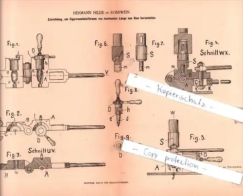 Original Patent - Hermann Hilde in Rosswein , 1884 , Glas !!!