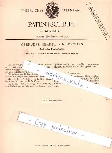 Original Patent - Gebrüder Hemmer in Neidenfels , 1884 , Rotirender Knotenfänger !!!