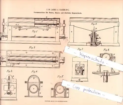 Original Patent - J. M. Laski in Hamburg , 1884 , Formmaschine für Rohre !!!