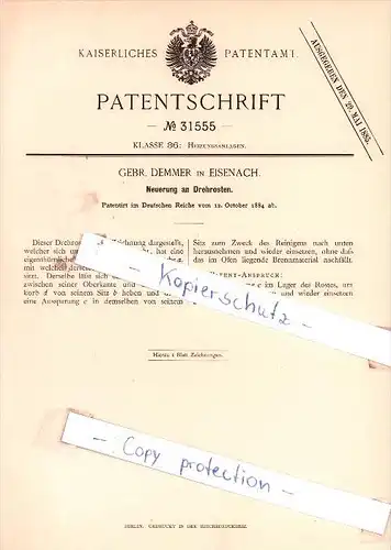 Original Patent - Gebr. Demmer in Eisenach , 1884 , Neuerung an Drehrosten !!!
