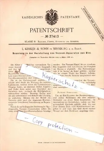 Original Patent -  L. Kessler & Sohn in Bernburg a. d. Saale , 1886 , Vacuum-Apparate aus Blei !!!