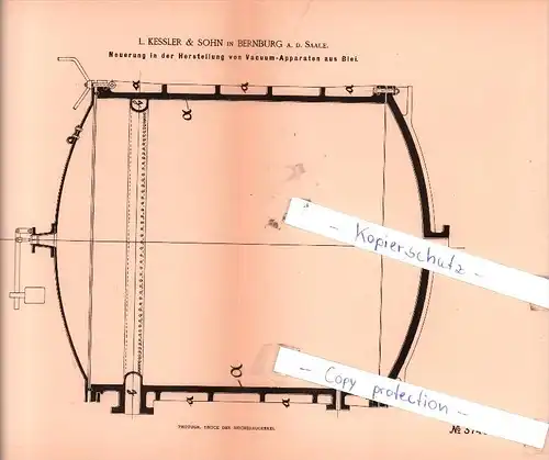 Original Patent -  L. Kessler & Sohn in Bernburg a. d. Saale , 1886 , Vacuum-Apparate aus Blei !!!