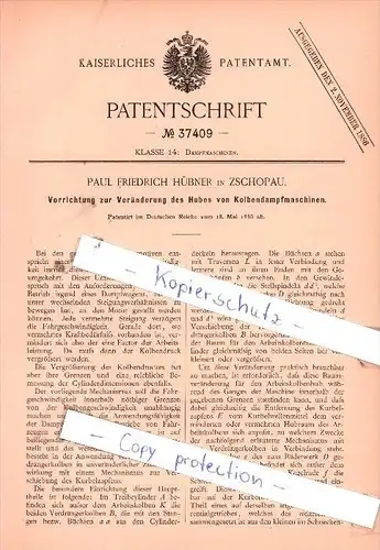 Original Patent -  Paul Friedrich Hübner in Zschopau , 1886 , Dampfmaschinen !!!