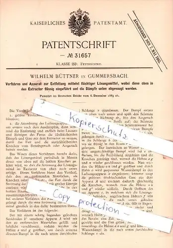 Original Patent - Wilhelm Büttner in Gummersbach , 1883 , Fettindustrie !!!