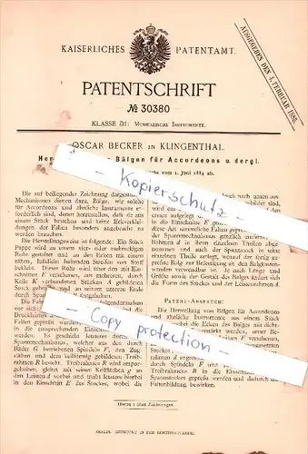 Original Patent - Oscar Becker in Klingenthal , 1884 , Musikalische Instrumente !!!