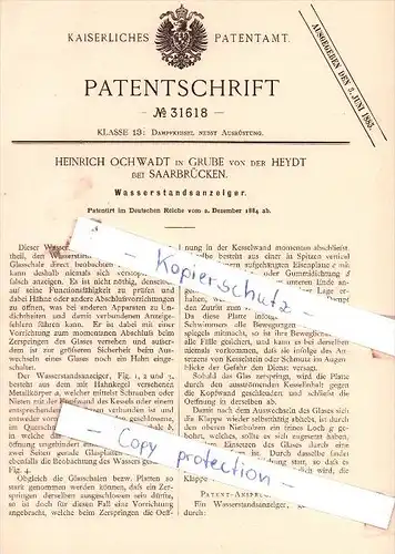 Original Patent - H. Ochwadt in Grube von der Heydt bei Saarbrücken , 1884 ,  !!!