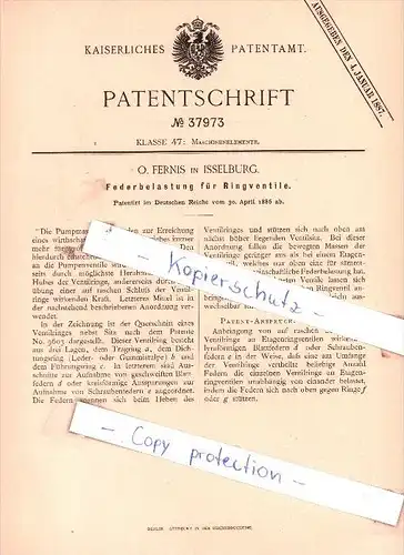 Original Patent - O. Fernis in Isselburg , 1886 ,  Federbelastung für Ringventile !!!