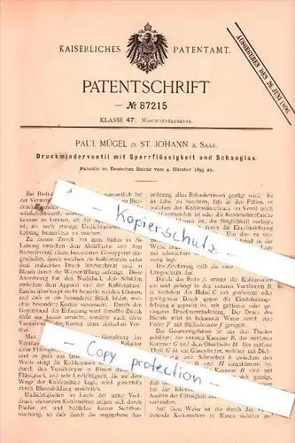 Original Patent - Paul Mügel in St. Johann a. Saar , 1895 , Maschinenelemente !!!