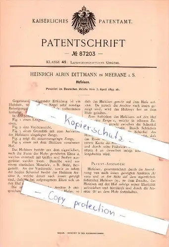 Original Patent - Heinrich Albin Dittmann in Meerane i. S. , 1895 , Hufeisen !!!
