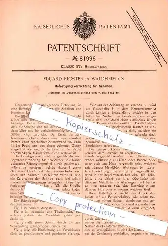 Original Patent - Eduard Richter in Waldheim i. S. , 1894 ,  Befestigungsvorrichtung für Scheiben !!!
