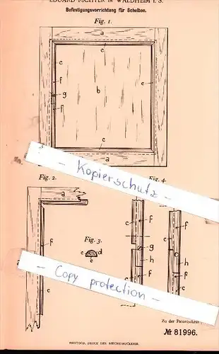 Original Patent - Eduard Richter in Waldheim i. S. , 1894 ,  Befestigungsvorrichtung für Scheiben !!!