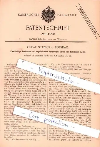 Original Patent - Oscar Wernick in Potsdam , 1894 , Tretkurbel mit Gelenk für Fahrräder !!!