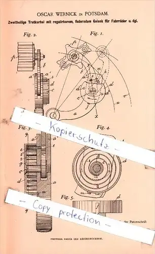 Original Patent - Oscar Wernick in Potsdam , 1894 , Tretkurbel mit Gelenk für Fahrräder !!!