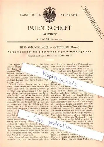 Original Patent -  Hermann Nerlinger in Offenburg , Baden , 1886 , Signalwesen !!!