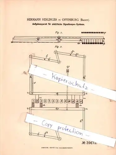 Original Patent -  Hermann Nerlinger in Offenburg , Baden , 1886 , Signalwesen !!!