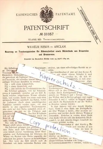 Original Patent - Wilhelm Riekes in Anklam i. Mecklenburg , 1884 , Brauerei - Trockenapparat !!!