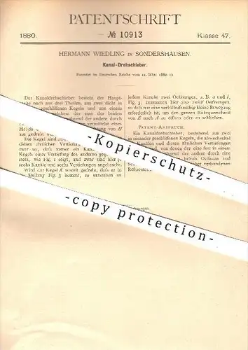 original Patent - Herrmann Wiedling in Sondershausen , 1880 , Kanal - Drehschieber , Schieber , Kanäle , Rohr , Rohre !!