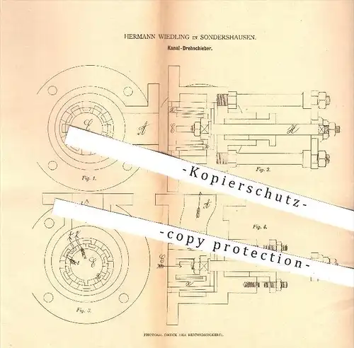 original Patent - Herrmann Wiedling in Sondershausen , 1880 , Kanal - Drehschieber , Schieber , Kanäle , Rohr , Rohre !!