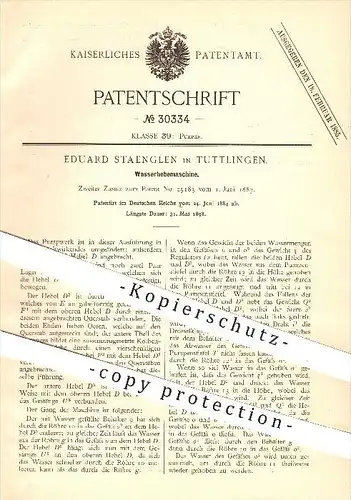 original Patent - Eduard Staenglen in Tuttlingen , 1884 , Wasserhebemaschine , Pumpe , Pumpen , Pumpwerk , Wasser