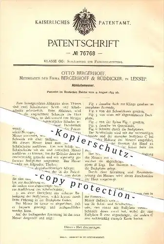 original Patent - Otto Bergerhoff , Bergerhoff & Büddicker in Lennep , 1893 , Abhäutemesser , Messer , Schlachterei !!
