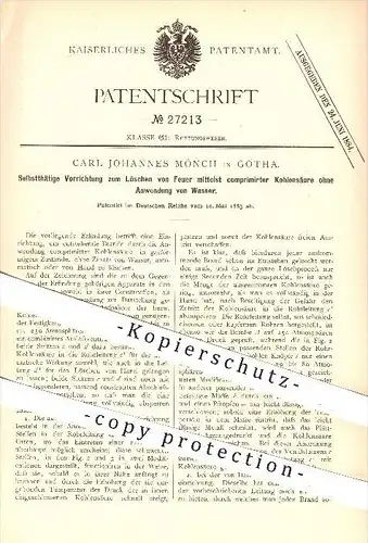 original Patent - Carl Johannes Mönch in Gotha , 1883 , Löschen von Feuer mittels komprimierter Kohlensäure ohne Wasser