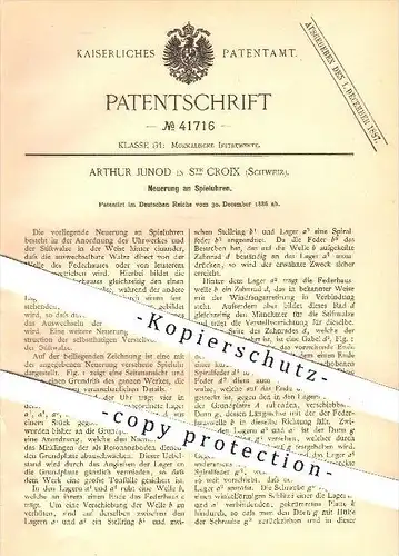 original Patent - Arthur Junod in Ste Croix , Schweiz , 1886 , Spieluhr , Spieluhren , Uhr , Uhren , Uhrwerk , Uhrmacher