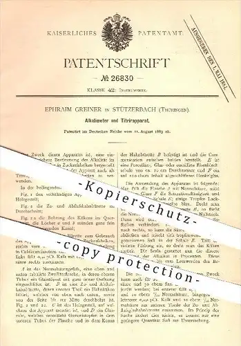 original Patent - Ephraim Greiner in Stützerbach , 1883 , Alkalimeter und Titrierapparat , Alkali , Instrumente , Chemie